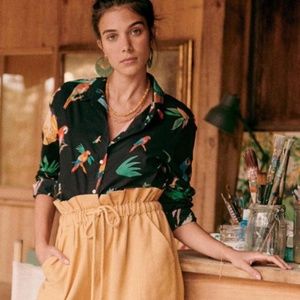 SEZANE PIERRO SHIRT BLOUSE BUTTON UP BLACK PAROTT JUNGLE SZ 10 L 42 100% cotton